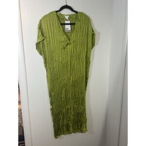 H&M Green Crinkle Midi Dress V-Neck Short Sleeve Pullover Solid Regular Size S